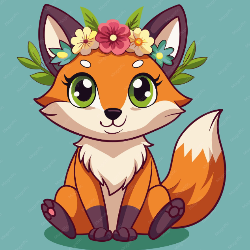 Cartoon fox with a flower crown on a teal background