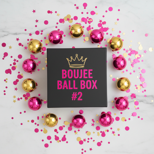 Hot pink and gold balls arranged on white marble with confetti for Boujee Ball Box #2
