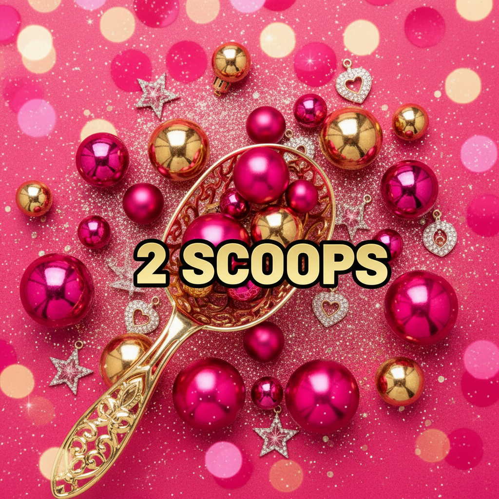 2 Scoops with charm-filled scoop, balls and glitter background