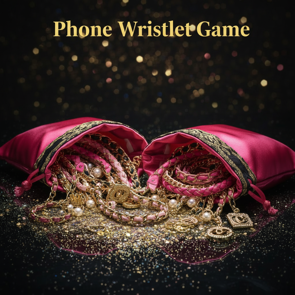 Boujee Blind Phone Wristlet Grab - phone wristlets spilling out of hot pink bags with gold and black trim, sparkles and glitter