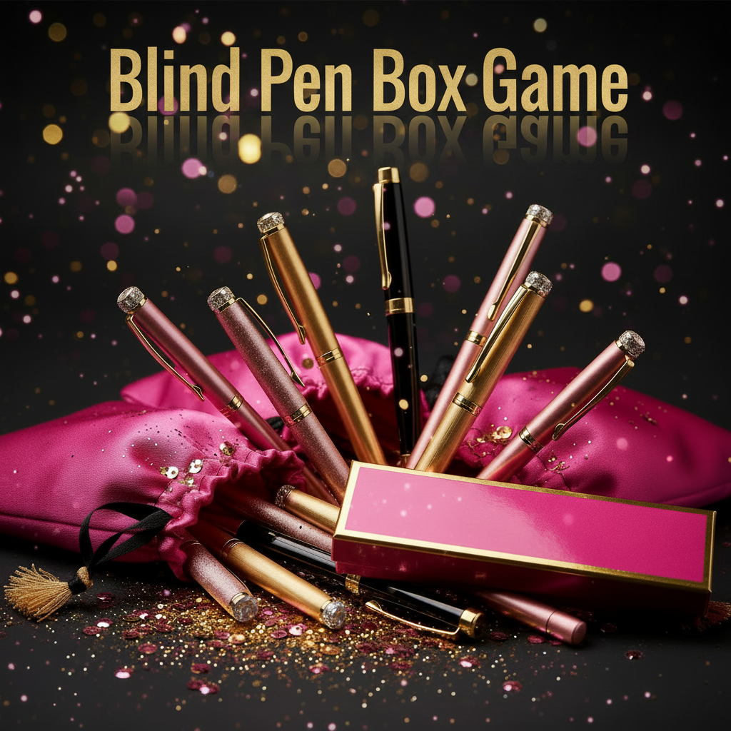 Blind Pen Box Game - pens spilling out of hot pink boxes with gold and black trim, sparkles and glitter