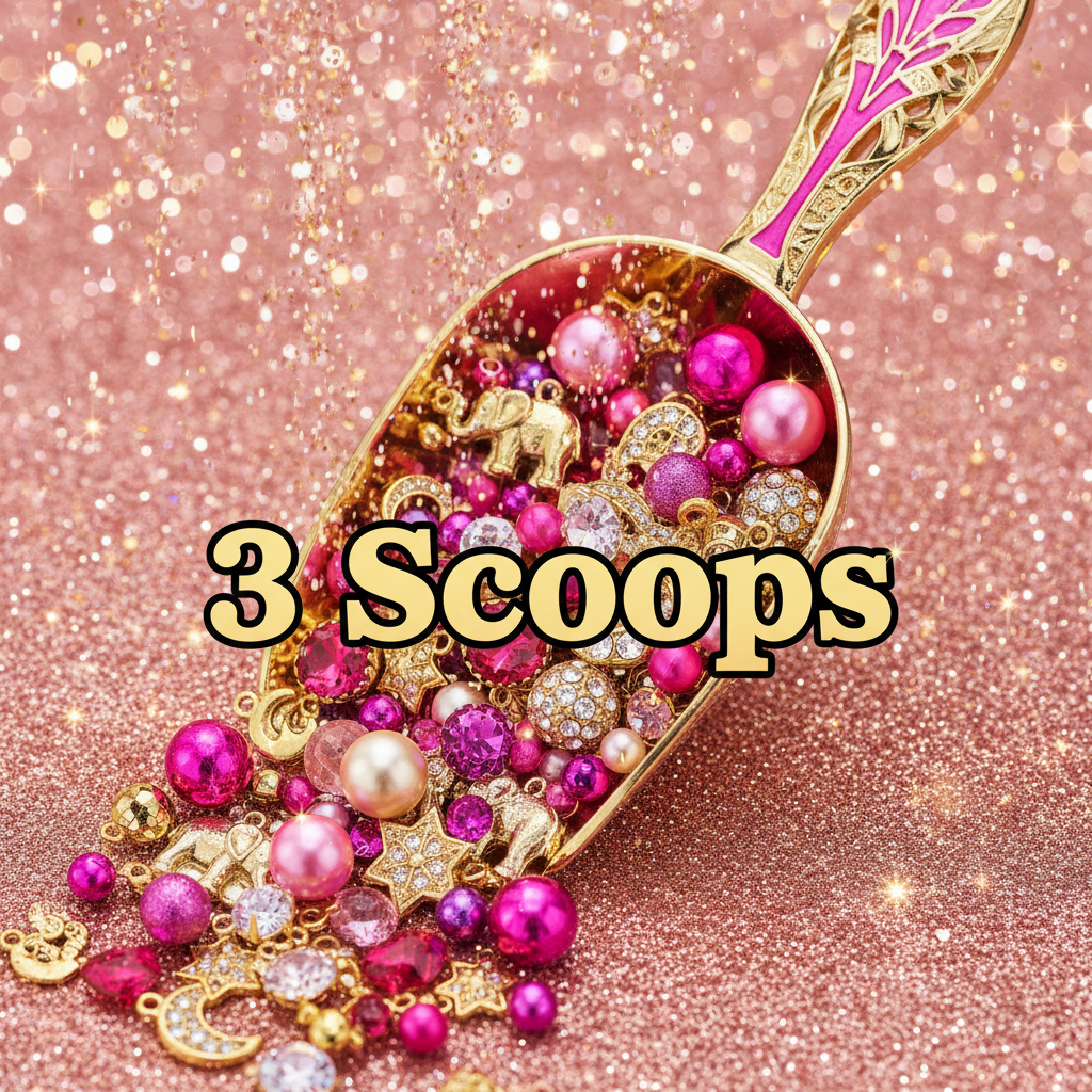 3 Scoops with charm-filled scoop, balls and glitter background