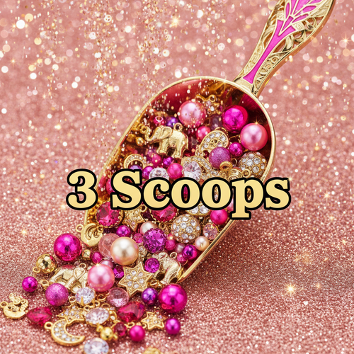 3 Scoops with charm-filled scoop, balls and glitter background