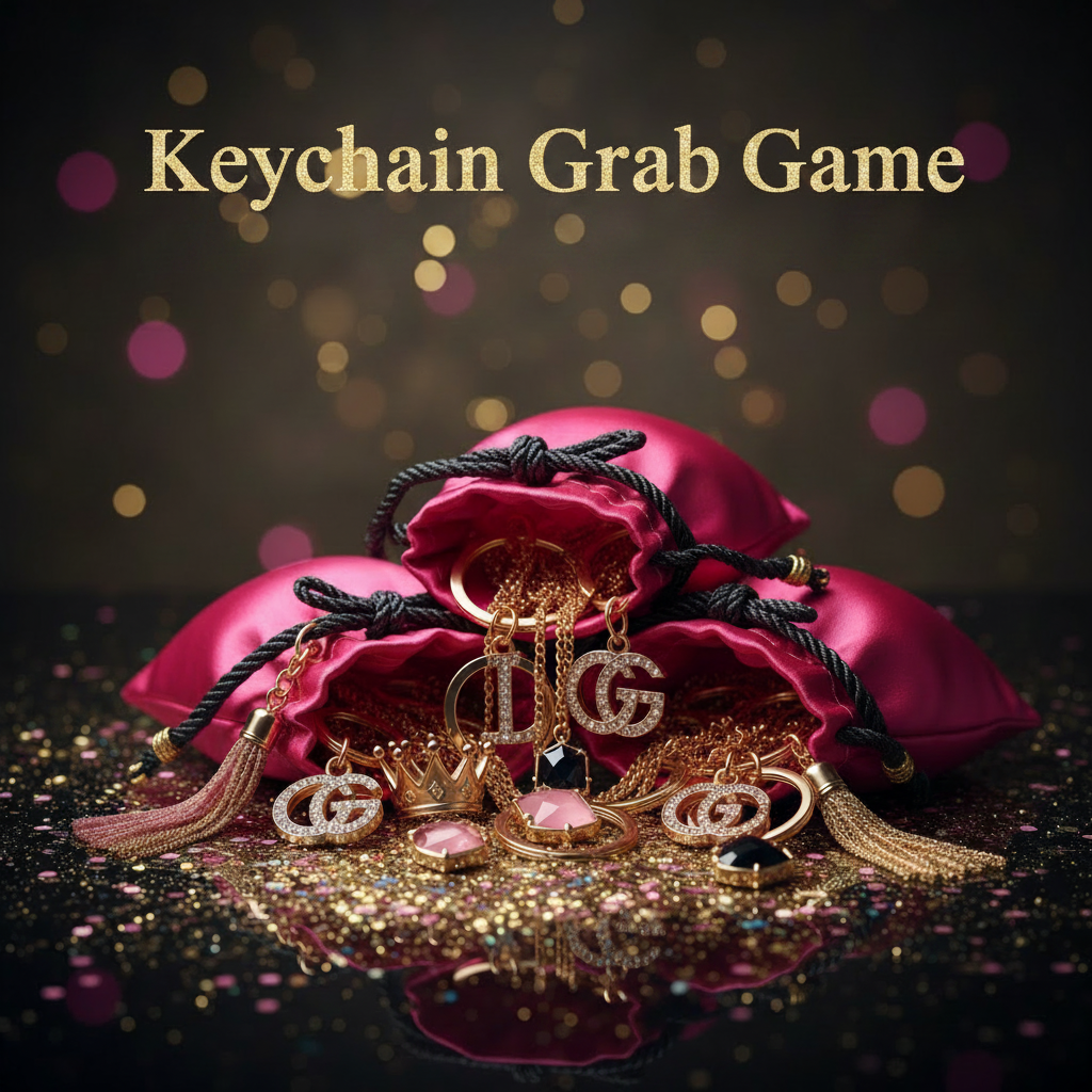 Boujee Blind Bag Keychain Grab - keychains spilling out of hot pink bags with gold and black trim, sparkles and glitter