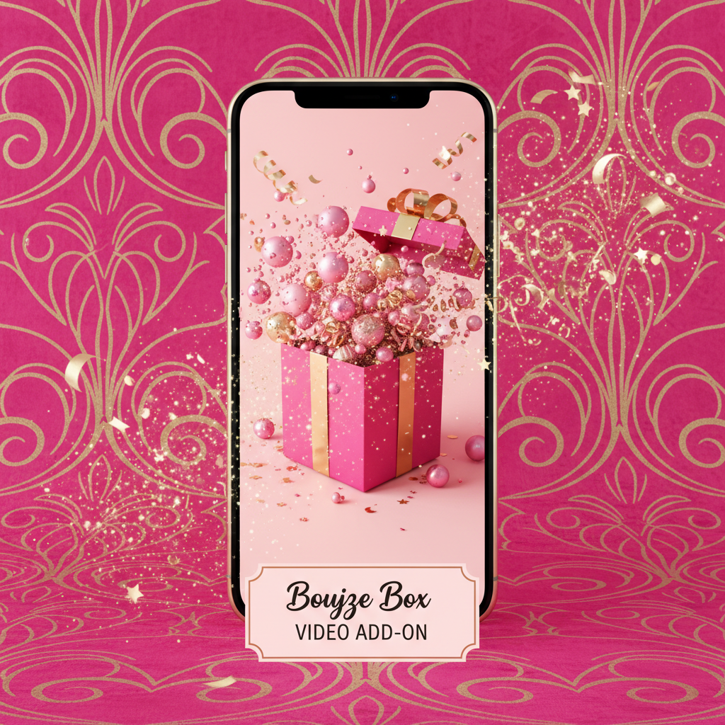 Smartphone recording a glamorous boujee box unboxing with pink and gold balls and confetti