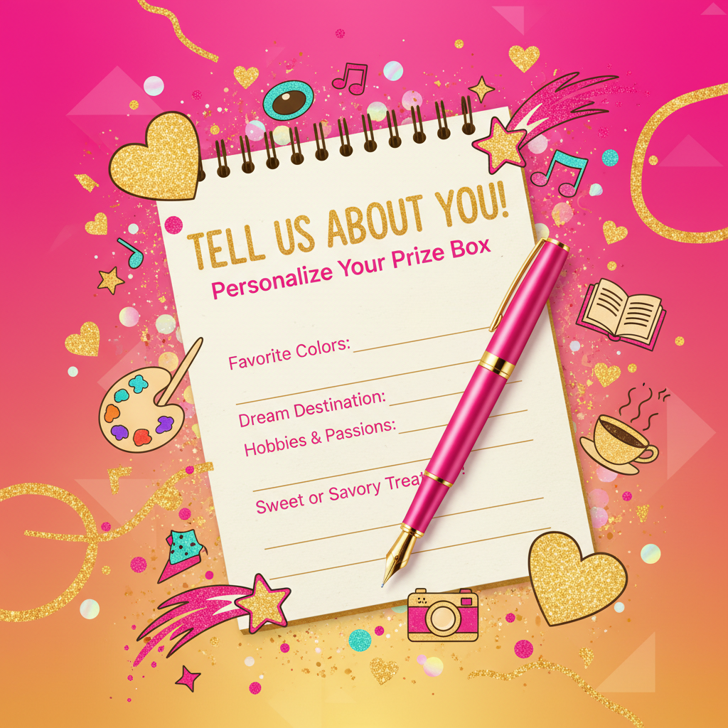 Stylish notepad with hot pink and gold pen surrounded by hearts, stars and sparkles for personalization