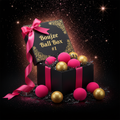 Luxury prize box with 6 hot pink balls and 3 gold balls with pink and gold glitter and glamorous glow