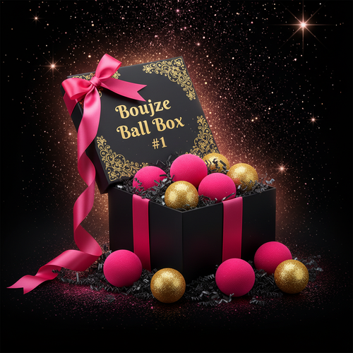 Luxury prize box with 6 hot pink balls and 3 gold balls with pink and gold glitter and glamorous glow