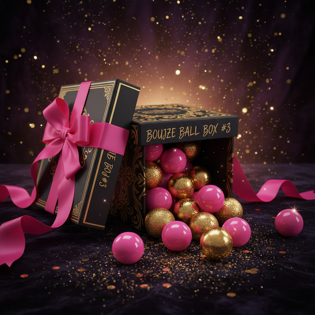 Luxury prize box overflowing with hot pink and gold balls with purple glow and gold dust