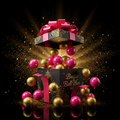 Luxury prize box overflowing with hot pink and gold balls with golden light rays and glitter