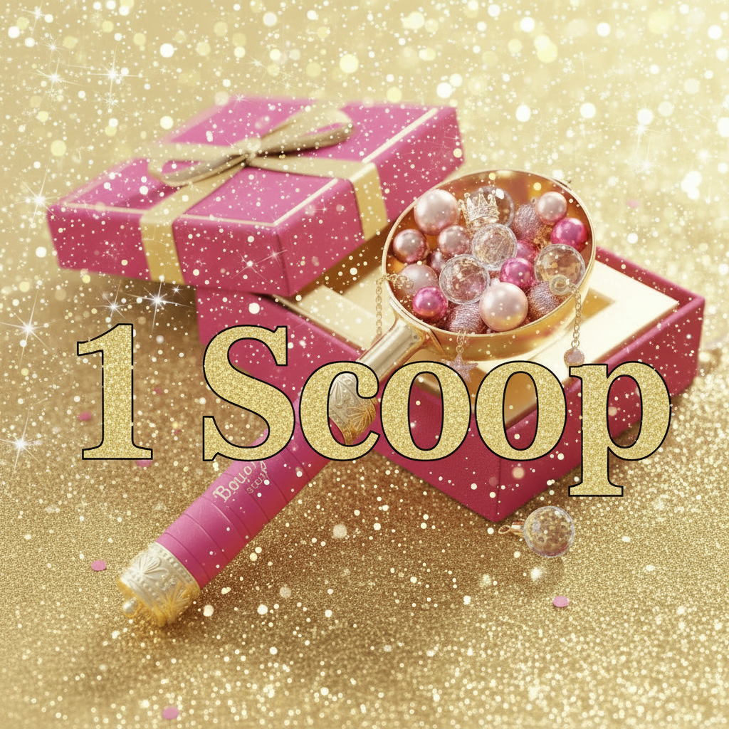 1 Scoop Boujee with balls, charms, glitter background and black outlined text